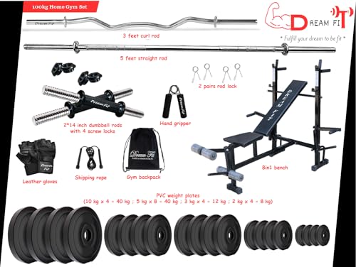 Image of DREAM FIT PVC Home Gym Set - 100 Kg with 8in1 Gym Bench, 3 ft Curling Rod, 5 ft Straight Rod, 1 Pair Dumbbell rods and Gym Accessories (100kg)