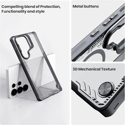 Image of PRITO Nilkin Magnetic Case for Samsung S25 Ultra, Shockproof Protection with MagSafe, Never Yellowing and Biodegradable Material, with Stand & Transparent Camera Lens Cover (Black, S25Ultra)