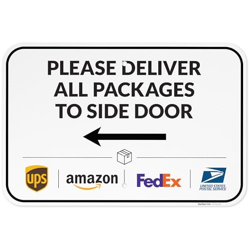 Image of Package Delivery Sign, Delivery Instructions Deliver All Package to Side Door Left Arrow Sign, 12x18 Inches, 3M EGP Reflective .063 Aluminum, Fade Resistant, Made in USA by Sigo Signs