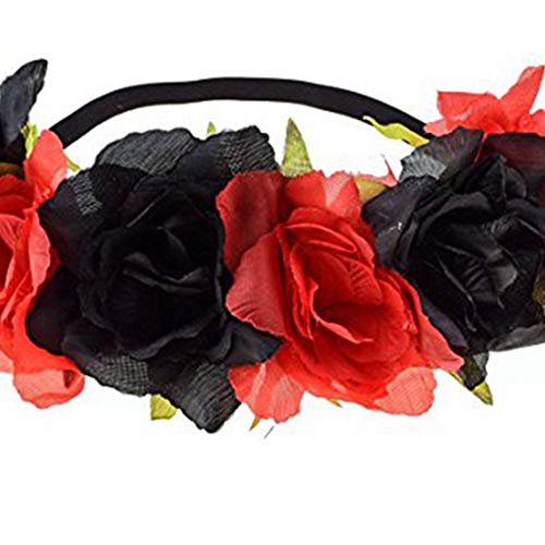 Halloween Rose Skull Headband Flower Crown Hair Bands Wreath Garland Floral Headpiece Women Leaf Hairband Hair Hoops Party Decoration Cosplay Costume Festival Handmade Hair Accessories Black Red #TOP4