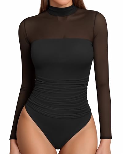 MANGOPOP Women's Mock Turtle Neck Bodysuit Mesh Long Sleeve Body Suit Sexy Ruched Sheer Going Out Tops, Long Sleeve Black, Small