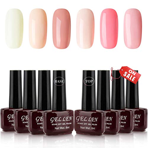 Gellen Gel Colors Nail Polish Kit Apricot Pink Peach - 6 Colors With Top Coat Base Coat 8ml Each Soak Off UV LED Nail Art Polish Home Gel Manicure Kit