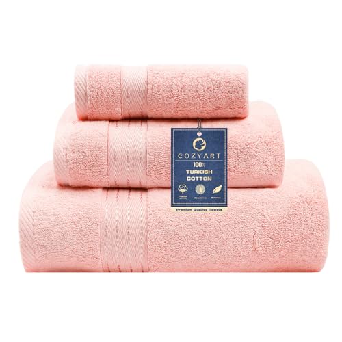 COZYART Luxury Bath Towel Set 3 PCS, Pink 100% Turkish Cotton 650 GSM