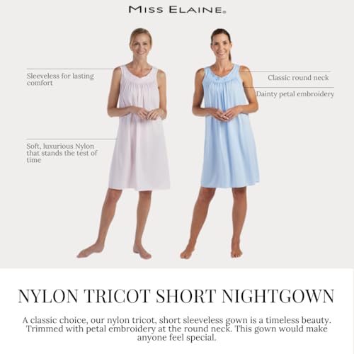 Miss Elaine Nightgown - Women's Short Nylon Tricot Gown, Sleeveless Gown with Petal Embroidery at Round Neck3