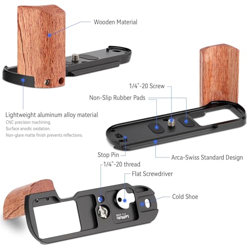 LEFTFOTO X-T50 Retro-Handgriff, L-Form, Halterung mit Holzgriff für Fujifilm X-T50 Kamera, mit integrierter Arca-Schnellwechselplatte, mit Auslöser, Schwarz