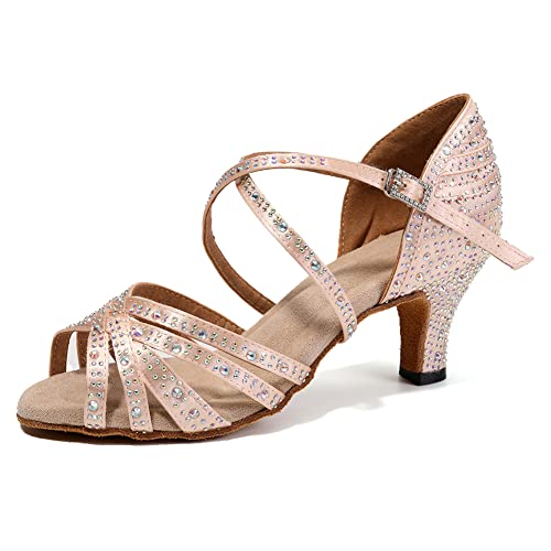 SWDZM Rhinestone Latin Dance Shoes Salsa Ballroom Practice Performance Dance Shoes for Women
