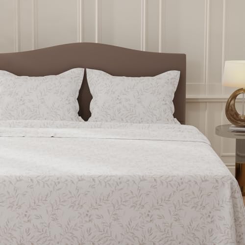 Image of Layers 100% Cotton Bedsheet for Double Size Bed | Lumina Floret Collection | 144 TC Soft & Breathable | Floral Print with 2 Pillow Covers | Wrinkle Free | 3 Piece Bedding Set - White & Brown