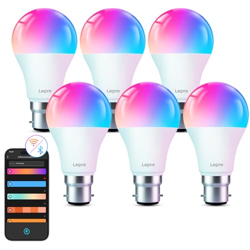 Lepro Lepro AI Smart Bulb, B22 Bayonet Smart Light Bulb, Colour Changing LED Bulb, Dimmable Warm White to Cool Daylight WiFi Bulb, Works with Alexa and Google Home, 9W, 806lm, RGBCW, Pack of 6 (2.4GHz Only)