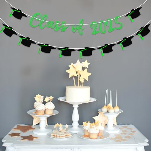 Image of 15PCS Green Class of 2025 Banner, 2025 Graduation Decorations, Gold Glitter Graduation Banner, Congrats Grad Banner Garland for High School College Grad Party Supplies Decor
