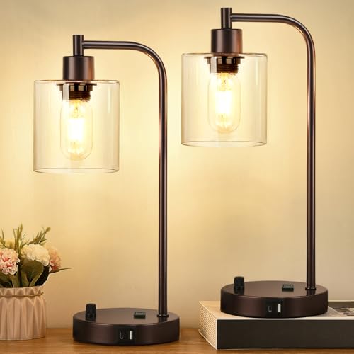 Set of 2 Oil Rubbed Bronze Table Lamps with USB C+A Ports and Outlet, Fully Stepless Dimmable Bedside Lamps, Industrial Desk Lamps with Clear Glass Shade for Living Room (2 LED Bulb)