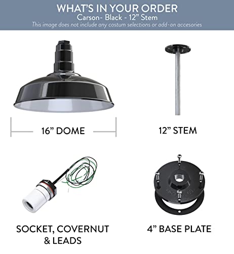 Steel Lighting Co. Carson Barn Light | Ceiling Mounted Pendant | 16 Inch Dome | 12 Inch Stem | Industrial Style Steel Light Made In America | Black Exterior/White Interior #TOP5