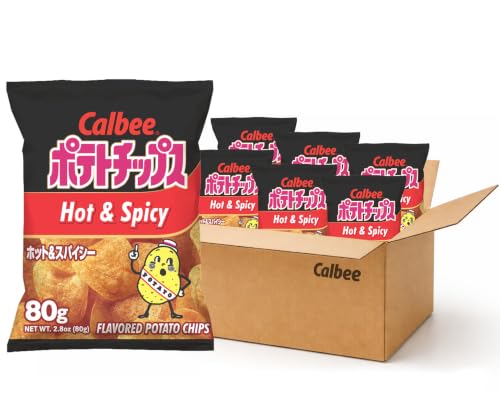 Calbee Potato Chips (Hot & Spicy, 2.8 oz) | Taste The Tradition of Japanese Snacks | Enjoy These Irresistible & Deliciously Crunchy Japanese Chips (6 Pack)