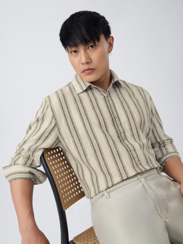 Image of The Souled Store: Echo Men and Boys Long Sleeve Spread Collar Beige and Blue Striped Regular Fit Casual Easy to Wear Summer Ready Lightweight Cotton Linen Shirt