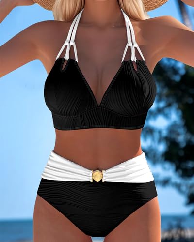 Double Strap High Waist Contrast Color Swimsuit for Women Deep V Neck Embossing Bikini Beach Vacation Bathing Suits2
