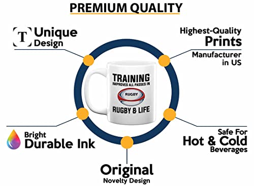 Flairy Land Rugby Coffee Mug 11Oz White - Training Improves All - Footballer Teams Pro Player Enthusiast League Coach Sport Lovers Outdoor Soccer Cricket #TOP2