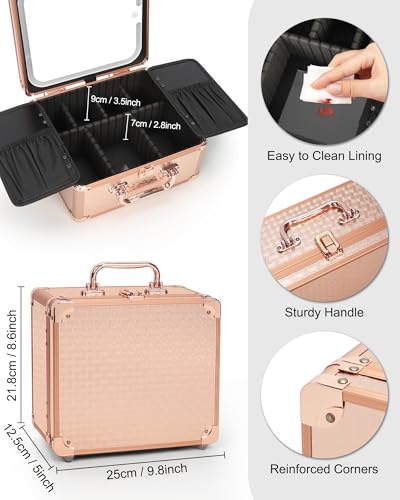 Image of Relavel Makeup Bag with LED Mirror, Makeup Box Travel Train Case with Rechargeable Lighted Mirror, Cosmetic Brush Organizer Storage for Makeup Artists Gifts for Women and Girls, Rose Gold