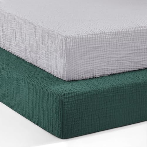 Image of Pro Goleem 2 Pack Muslin Crib Sheets for Boys and Girls, Soft Breathable Neutral Fitted Cotton Baby Bed Sheets Set for Standard Crib Mattress & Toddler Mattress 52"x28", (Grey＆Green)