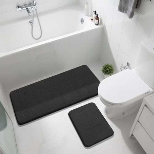 Image of Yimobra 2 Pieces Memory Foam Bath Mat Sets, 17x24+44.1x24 Inches for Bathroom Rugs, Toilet Mats, Non-Slip, Soft Comfortable, Water Absorption, Machine Washable, Black