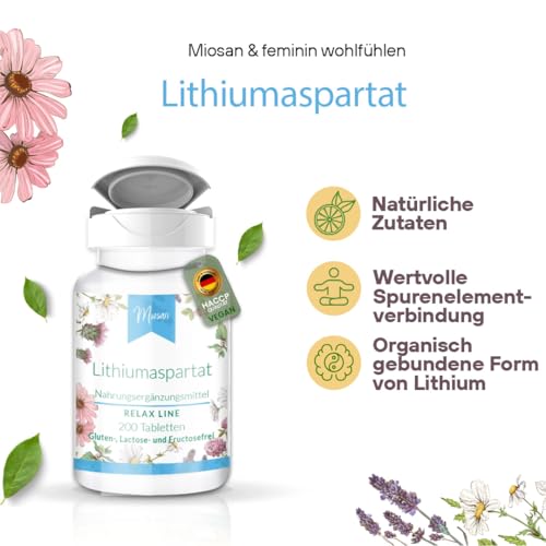 Lithiumaspartat - 200 Tabletten - schluckfreundlich - RELAX LINE - 30mg pro Tablette - Hochdosiert - 100% Vegan – Herstellung & Laborprüfung in Deutschland | MIOSAN® CLUB - Exklusives Wohlbefinden 2