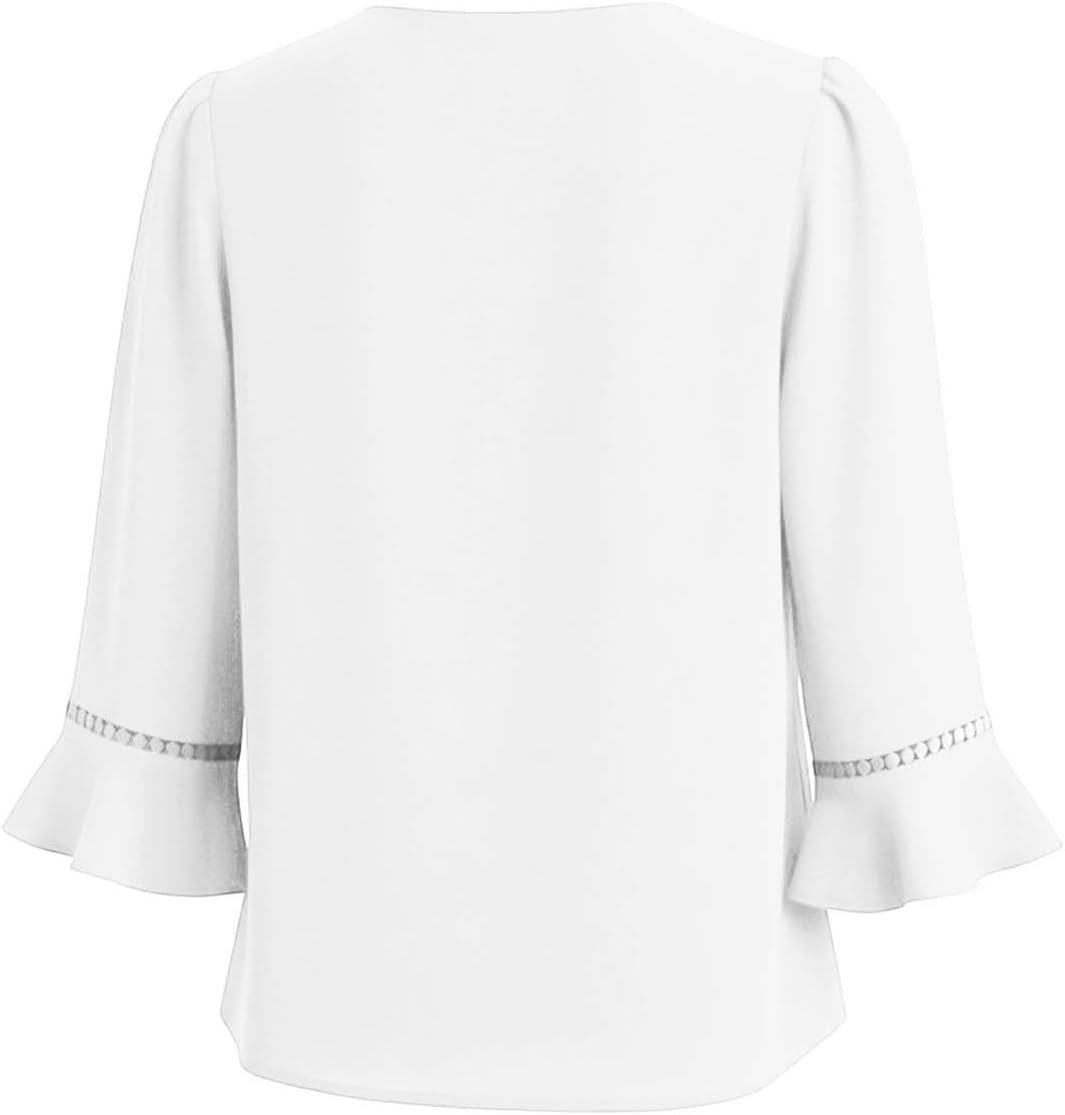 Women Dressy Tops 3/4 Flare Sleeve Business T Shirts Pleated Casual Spring Summer Blouses Office Work Tee Top