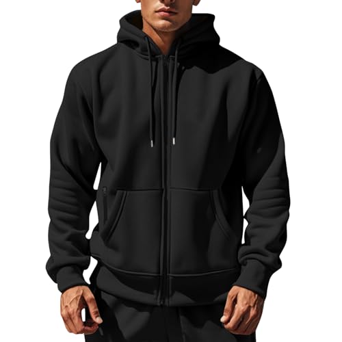 Mens Fleece Hooded Sweatshirt Winter Full Zip Jackets Long Sleeve Outerwear with Multi Pockets