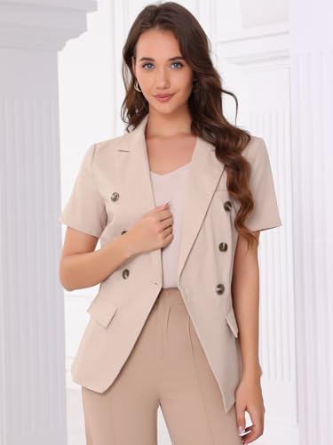 Allegra K Linen Blazer for Women's Double Breasted Work Office Short Sleeve Lapel Blazer4