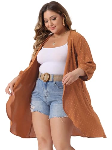 Image of Agnes Orinda Plus Size Cardigan for Women Open Front 3 /4 Sleeve Swiss Dots Lightweight Casual Cover Up