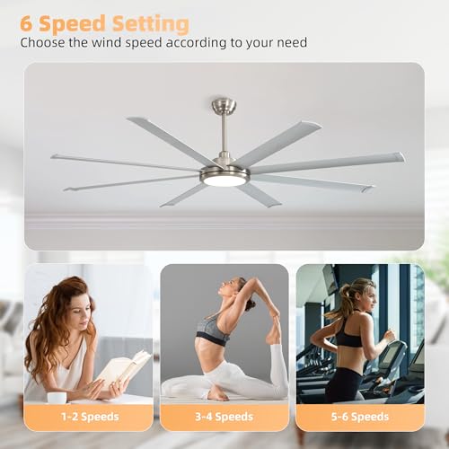 Image of WINGBO 120 Inch Industrial Ceiling Fan with Light and Remote, 8 Aluminum Blades Large Ceiling Fans, 3CCT, 6-Speed Reversible Quiet DC Motor for Kitchen Bedroom Living Room, Nickel and Silver