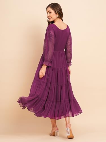Image of RATAN Women's Floral Embroidered Puff Sleeve Chiffon Flared Tiered Kurta Gown Maxi Dress