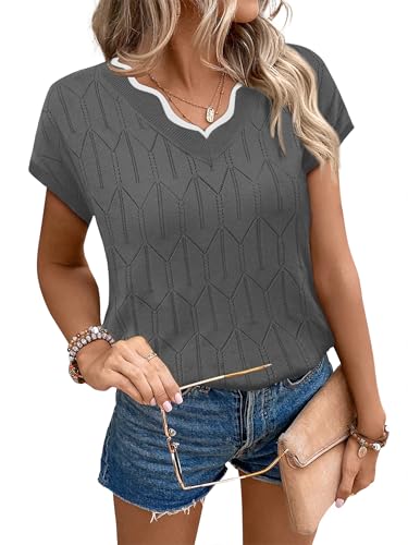 Image of WIHOLL Womens Summer Tops Cap Sleeve Sweater V Neck Shirts Beach Vacation Clothes Business Casual Fashion Clothing