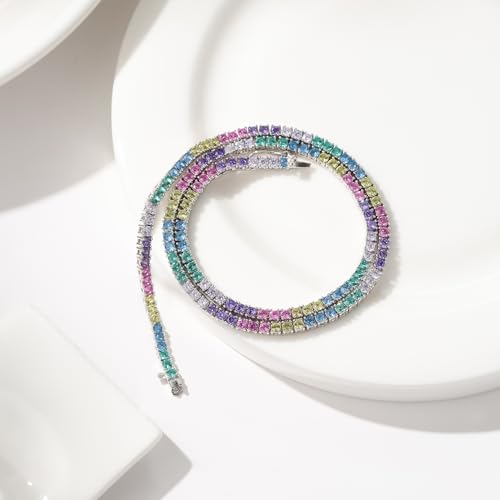 925 Sterling Silver Rainbow CZ Tennis Necklace for Women, Dainty Colorful Choker, Y2K-Inspired Pastel Jewelry Gift3