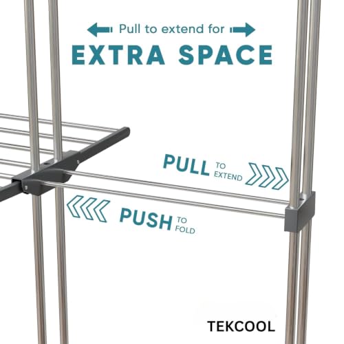 Image of TEKCOOL Expandable Clothes Drying Stand for Home|Cloth Dryer Stand with Wheel|Cloth Stand for Drying Clothes Foldable|Stainless Steel Clothes Hanging Stand|Cloth Rack for Balcony(3 Layer, Grey);;