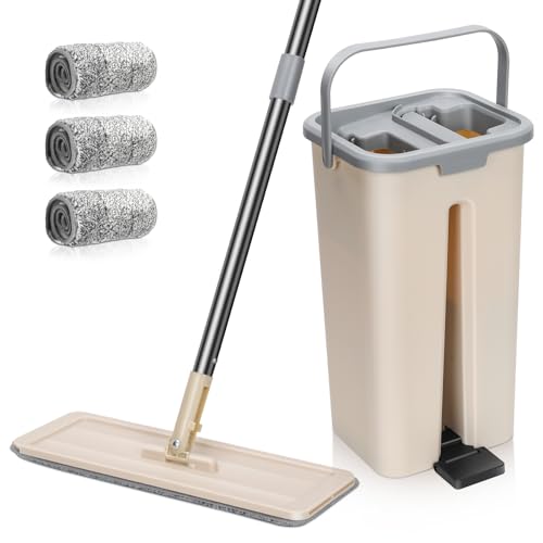 Juego de fregona y cubo de microfibra con mango telescópico de acero inoxidable, sistema de limpieza de suelos con escurridor, mopas de madera dura y azulejos para uso doméstico, kit de limpieza