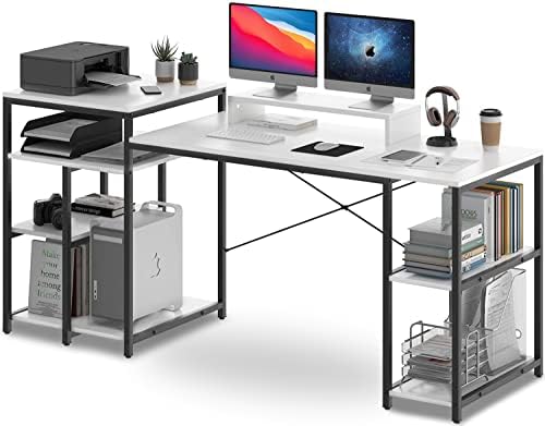 HYPIGO 69 Inch White Computer Desk with Shelves, Long Desk with Storage Bookshelf and Printer Shelves, Large Desk with Cabinet Side Hutch for Work/Study/Writing as Home Office Workstation