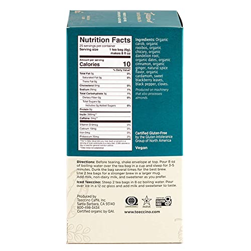 Teeccino Dandelion Red Chai Tea - Caffeine-Free, Roasted Herbal Tea With Prebiotics, 3X More Herbs Than Regular Tea Bags, Gluten Free - 25 Tea Bags (Pack Of 3) #TOP4