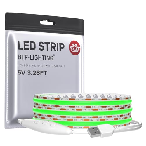 Image of BTF-LIGHTING 5V USB Green Color COB LED Strip Lights Super Bright Dimmable LED Tape Light,3.28FT 320LEDs Flexible Light Strip with Strong 3M Tape for 3D Printer,TV Backlight,Cabinet,Home Lighting