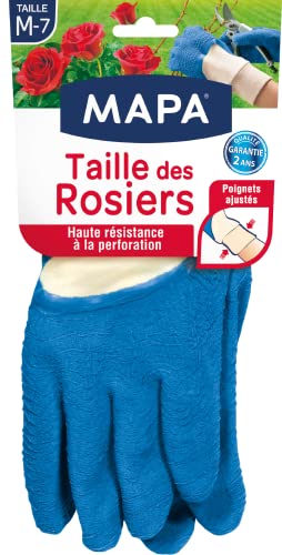 MAPA - Taille des Rosiers - Gants de Jardinage en Latex avec Textile 100% Coton - Anti-Perforation - Idéal pour la taille des épineux - 1 paire - Bleus - Taille M