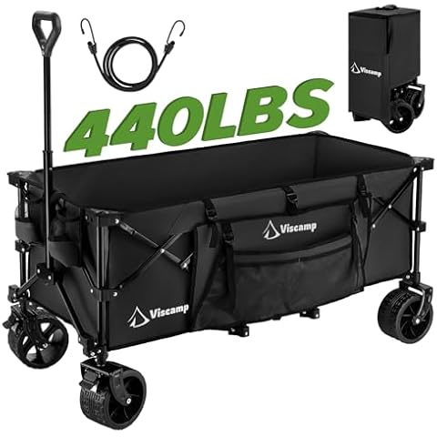 48''L Wagons Carts Foldable, Beach Wagon 440Lbs Collapsible Wagon Black Heavy Duty Wagon Camping Wagon Garden Cart Carts with Wheels and Elastic Rope Wagon for Shopping Camping and Storage Cover