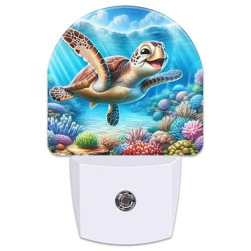Image of Cute Sea Turtle Night Light for Kids,Smile Turtle and Colorful Corals Plug in Night Light with Dusk to Dawn Sensor, 0.5w Energy Saving Nightlight for Hallway Stairway Kitchen Bedroom