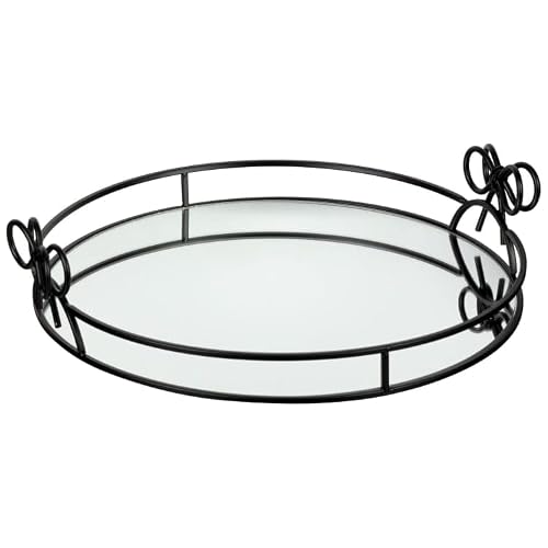 DEENZ Decorative Tray Black Bow Design Mirrored Reflecting Surface Elegant Vanity Organiser Coffee Table Accent Trinket Dish Perfumes & Jewellery Display Serving Plate Storage Solution Candle Holder