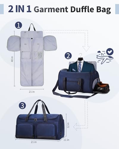 ECOHUB 2-in-1 Garment Bag Carry On Travel Duffel Bags, Water-Resistant Luggage Bag with Wet Pocket Shoe Pouch and Toiletry Bag, Lightweight Durable Hanging Suit Bag for Business and Weekend, Navy Blue2
