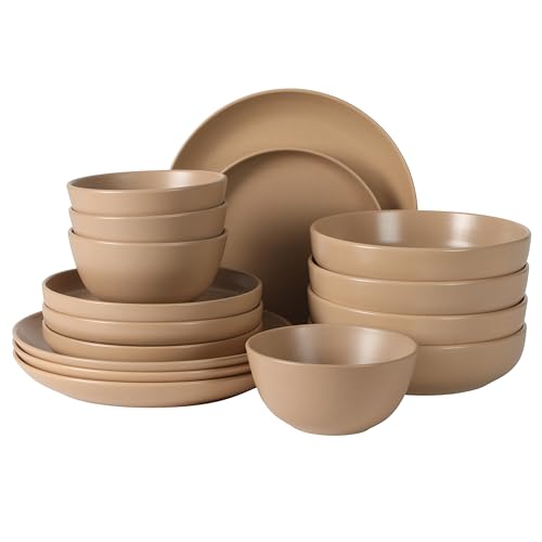 Image of Gibson Elite Leeds Court Plates and Bowls Sets, 16-Piece Stoneware Dinnerware Sets, Terracotta, Round Speckle Reactive Glaze Dish Set