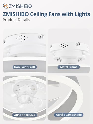 Image of ZMISHIBO Low Profile Ceiling Fans with Lights and Remote, 13 Inch Fandelier Ceiling Fan with Light, White Modern Flush Mount Ceiling Fan, Small Dimmable LED Fan Lights for Bedroom