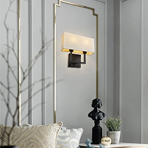 Image of Modern Transitional 2-Lights Hardwired Double Wall Sconce with Switch and Square White Fabric Shade,Nightstand Reading Wall Mount Light for Bedroom