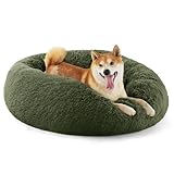 Bedsure Calming Dog Bed Medium Size Dog - Donut Washable Medium Pet Bed, 30 inches Anti-Slip Round Fluffy Plush Faux Fur Cat Bed, Fits up to 45 lbs Pets, Rifle Green