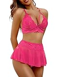 PITINAN Womens Lingerie Sexy 3 Piece See Through Pink Lingerie for Women Sissy Lingerie Skirt Set Open Crotch Teddy Sleepwear Pink S