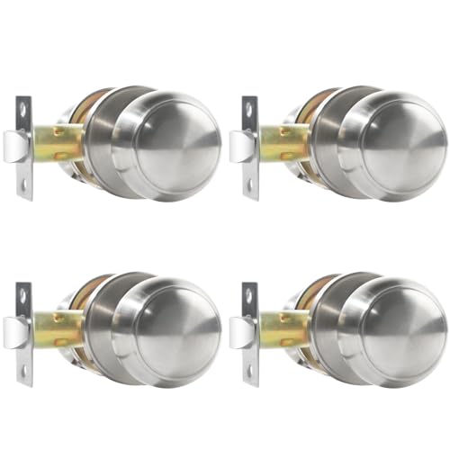 RAZCC Passage Door Knobs, 4 Pack Satin Nickel Door Knobs, for Hallway & Closet Non-Locking Interior Round Door Handles Keyless Reversible for Left Right Handed Doors