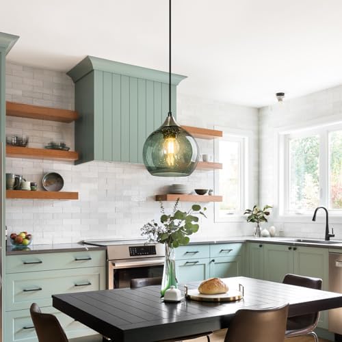Image of Gray Green Glass Pendant Lights Kitchen Island Lighting Globe Pendant Light Fixtures Modern Pendant Lighting for Kitchen Island Bedroom Living Dining Room Light Fixture(5.9in, 2-Pack)