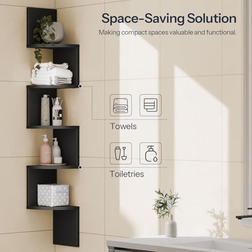 Image of HOOBRO Corner Shelf Wall-Mounted, Set of 2 Floating Corner Shelves for Wall, 5-Tier Corner Bookshelves for Living Room, Bedroom, Bathroom, Home Office, Black BK26BJP201