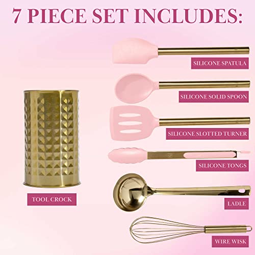 Paris Hilton Kitchen Set Tool Crock with Silicone Cooking Utensils, Stainless Steel Whisk and Ladle, 7-Piece, Pink and Gold by Paris Hilton - Image 4